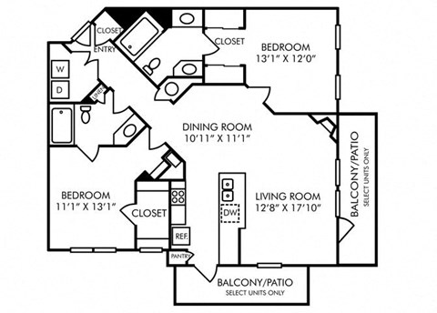 Floor plan for 2 beds, 2 baths, 1194 sqft